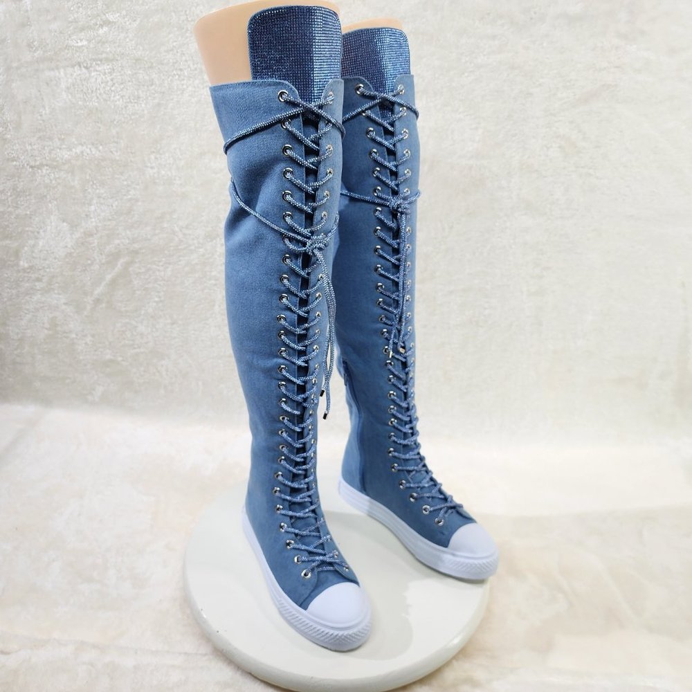Knee High Canvas Sneakers with Rhinestone Laces
